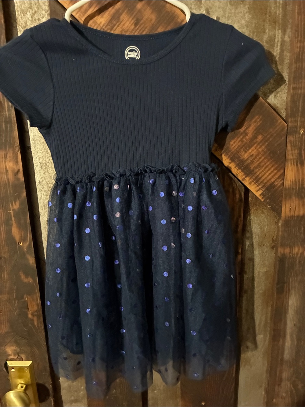 wonder nation Navy Ribbed Bodice Dress with Sparkle Polka Dot Tulle